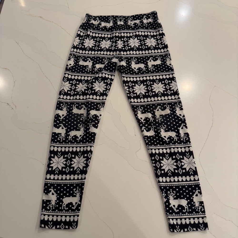 Womens Fair Isle Reindeer Snowflake Holiday Leggings Black White Size M